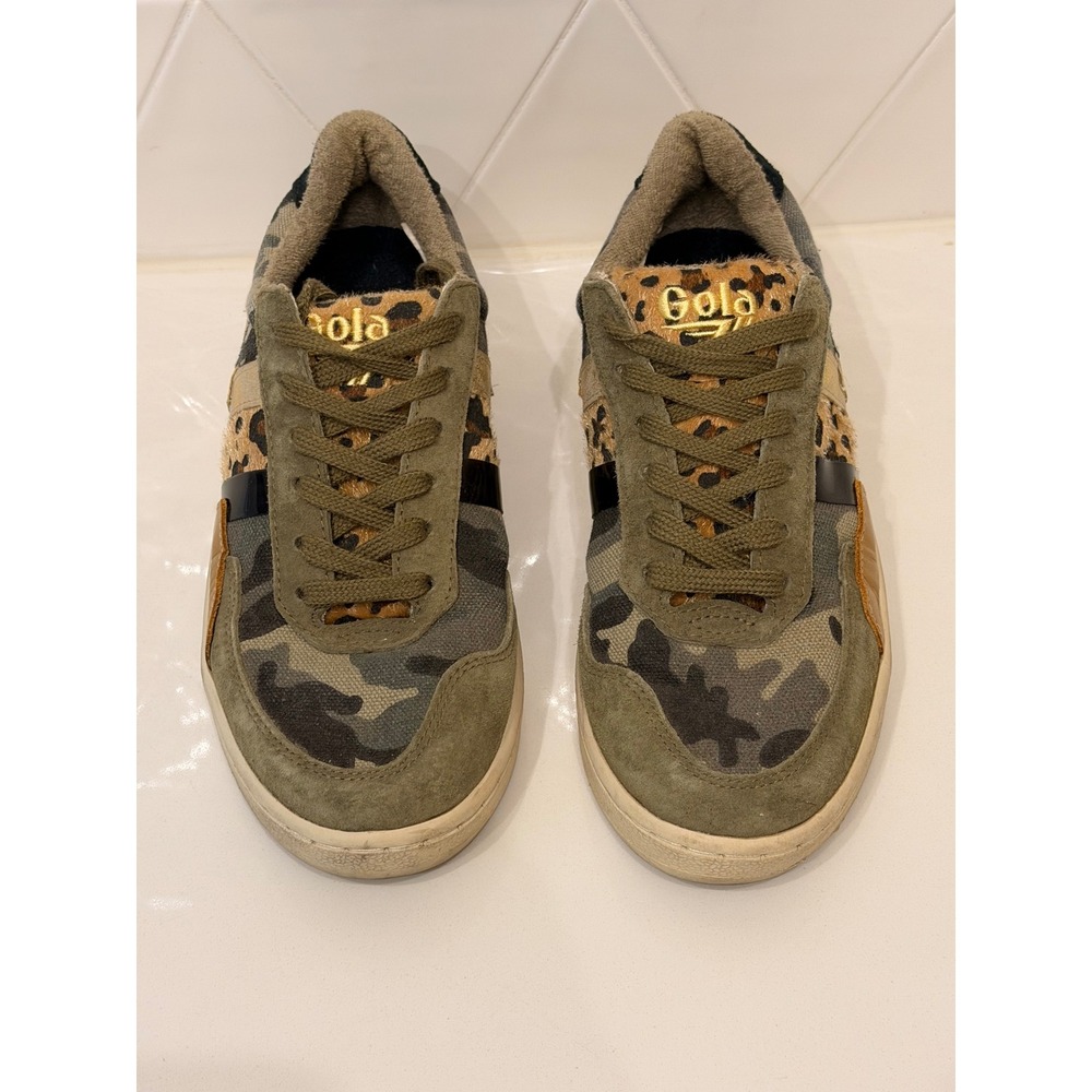 Gola Grandslam Mode Camo Leopard Pony Hair Sneakers Olive Green CLB218 Womens 7